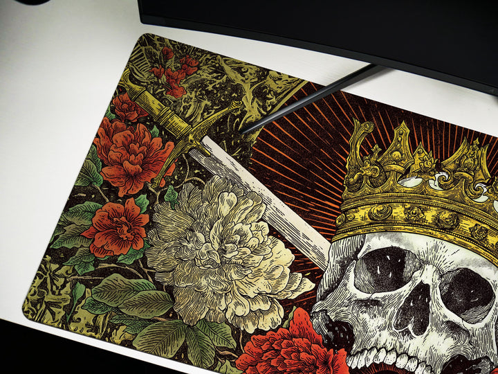 Crowned Skull Vigil, Desk Pad, Mouse Pad, Desk Mat, Gothic Royalty, Floral Daggers, Baroque Death Art
