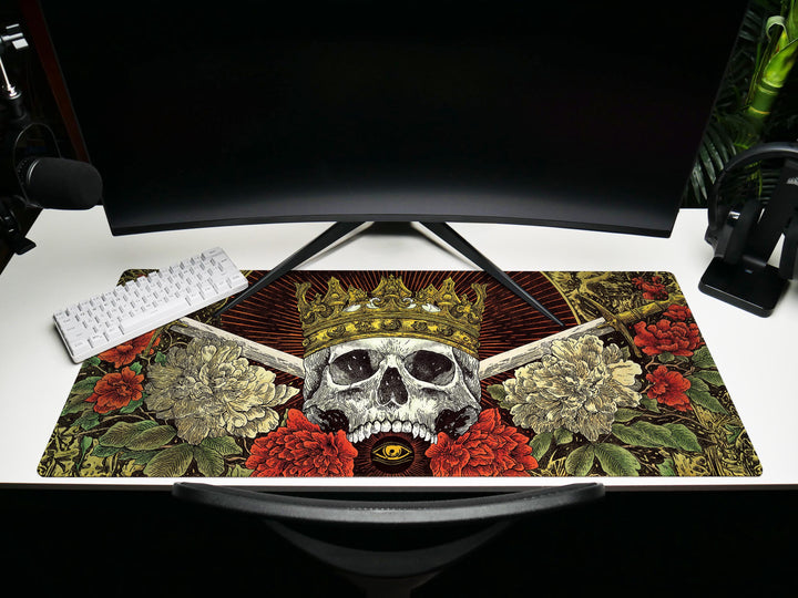 Crowned Skull Vigil, Desk Pad, Mouse Pad, Desk Mat, Gothic Royalty, Floral Daggers, Baroque Death Art