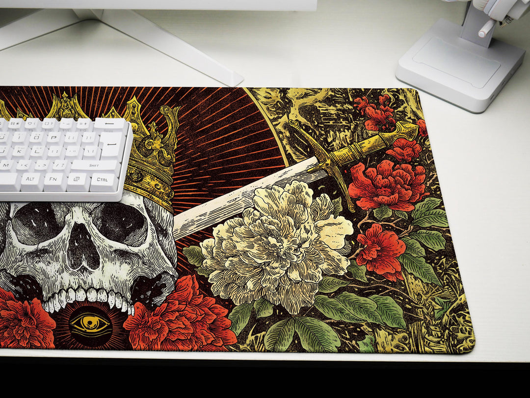 Crowned Skull Vigil, Desk Pad, Mouse Pad, Desk Mat, Gothic Royalty, Floral Daggers, Baroque Death Art