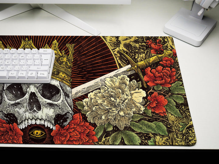 Crowned Skull Vigil, Desk Pad, Mouse Pad, Desk Mat, Gothic Royalty, Floral Daggers, Baroque Death Art