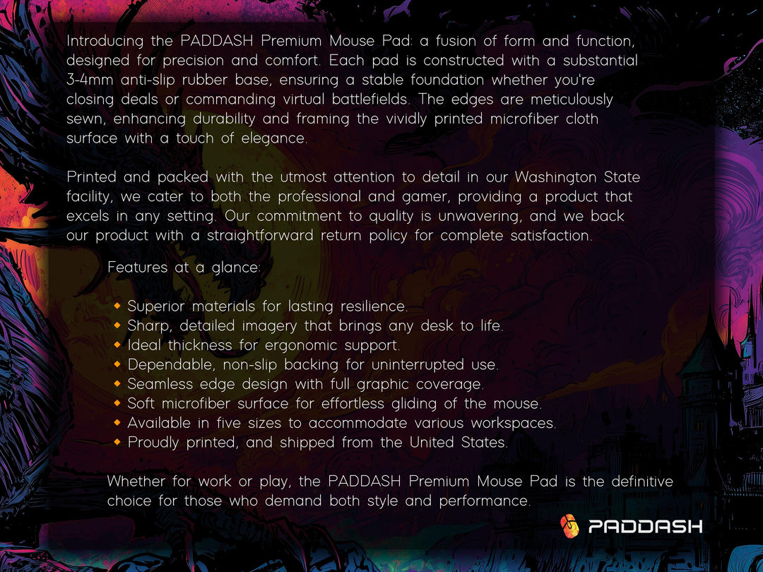 Infernal Roar, Desk Pad, Mouse Pad, Desk Mat, Apocalyptic Dragon, Neon Moon, Dark Castle, Fantasy Battle Scene