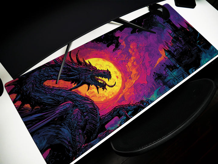 Infernal Roar, Desk Pad, Mouse Pad, Desk Mat, Apocalyptic Dragon, Neon Moon, Dark Castle, Fantasy Battle Scene