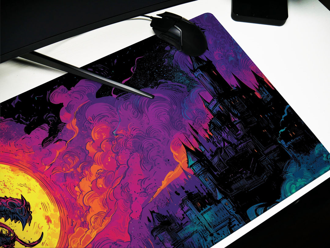Infernal Roar, Desk Pad, Mouse Pad, Desk Mat, Apocalyptic Dragon, Neon Moon, Dark Castle, Fantasy Battle Scene