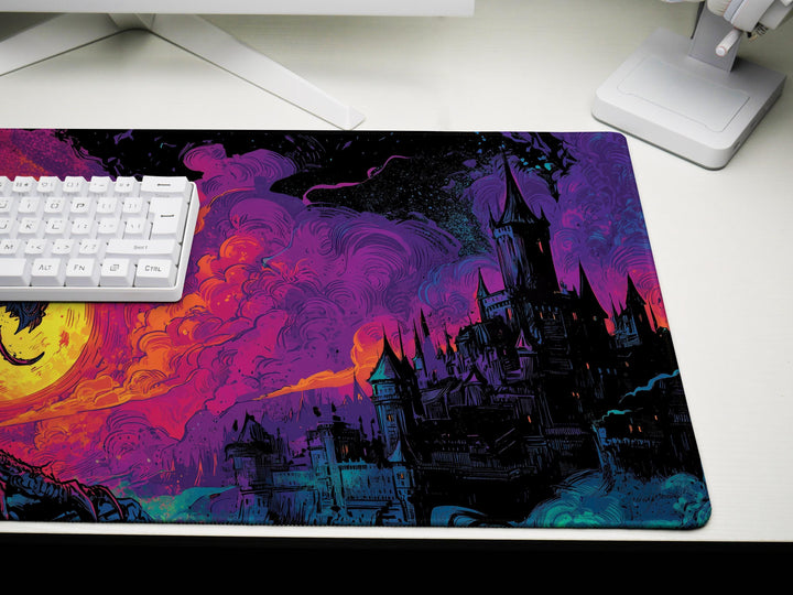 Infernal Roar, Desk Pad, Mouse Pad, Desk Mat, Apocalyptic Dragon, Neon Moon, Dark Castle, Fantasy Battle Scene