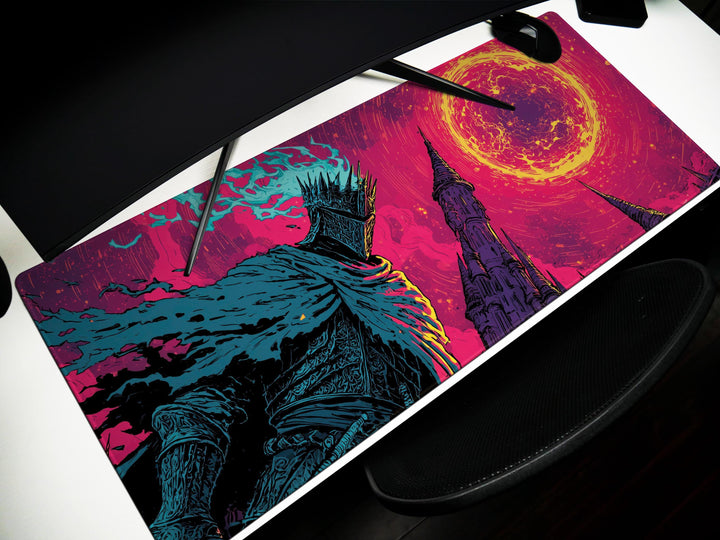 Crowned Inferno, Desk Pad, Mouse Pad, Desk Mat, Burning Sky, Armored Sentinel, Apocalyptic Fantasy, Towering Spires