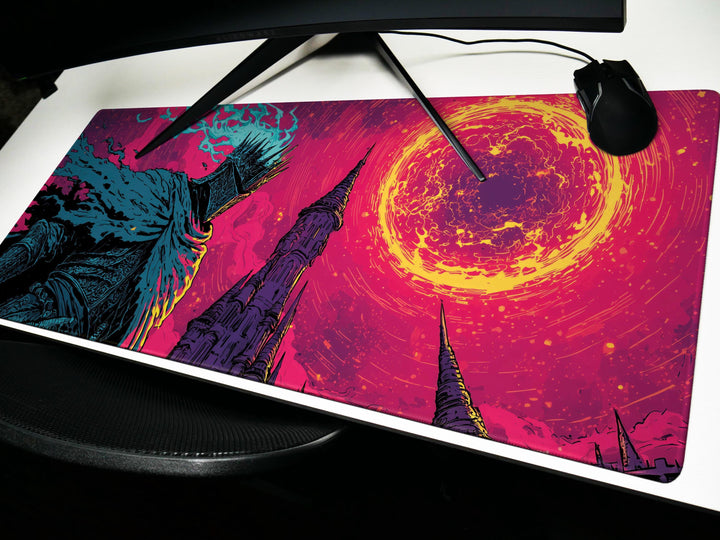 Crowned Inferno, Desk Pad, Mouse Pad, Desk Mat, Burning Sky, Armored Sentinel, Apocalyptic Fantasy, Towering Spires