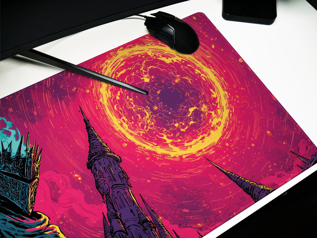 Crowned Inferno, Desk Pad, Mouse Pad, Desk Mat, Burning Sky, Armored Sentinel, Apocalyptic Fantasy, Towering Spires