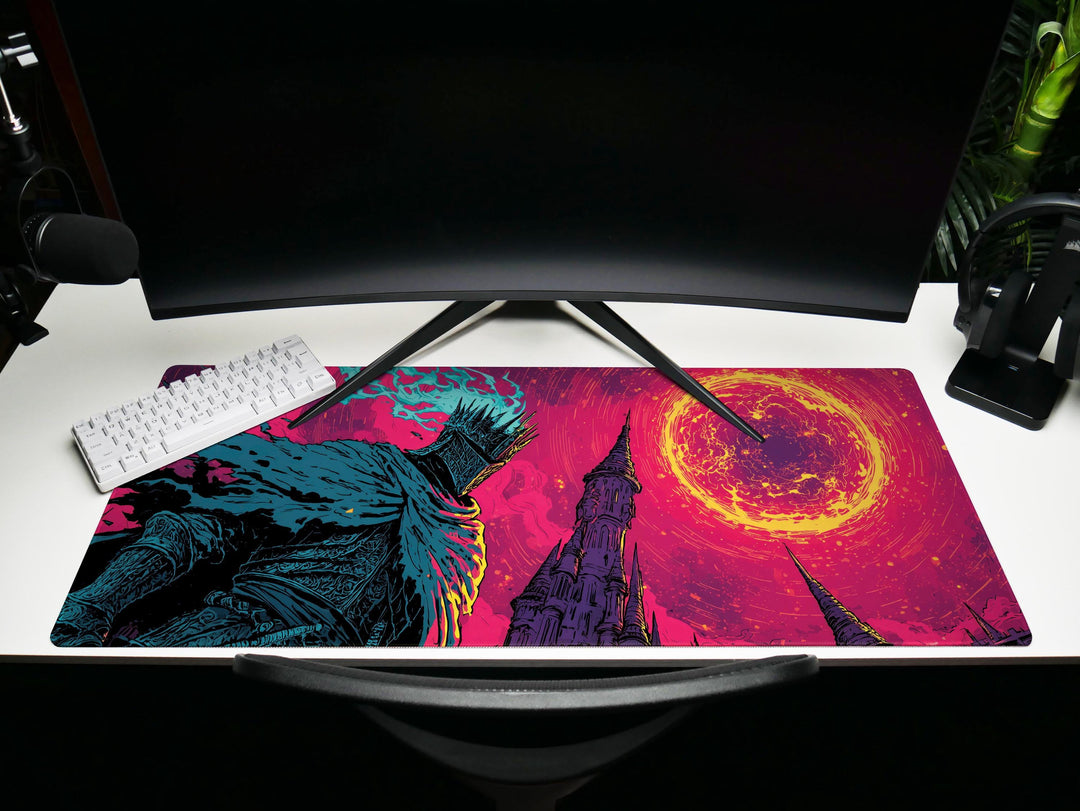 Crowned Inferno, Desk Pad, Mouse Pad, Desk Mat, Burning Sky, Armored Sentinel, Apocalyptic Fantasy, Towering Spires