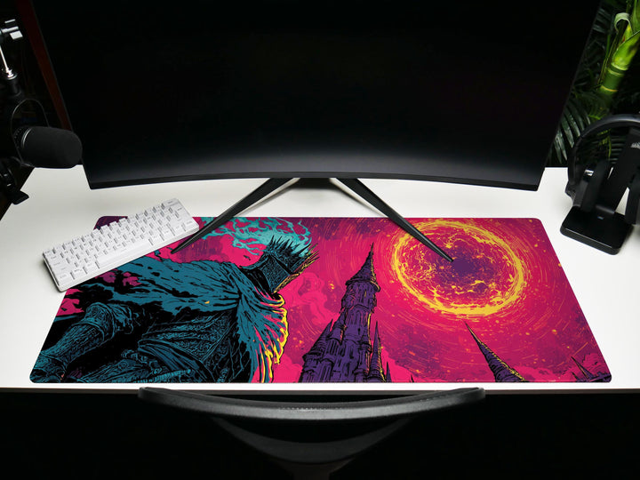 Crowned Inferno, Desk Pad, Mouse Pad, Desk Mat, Burning Sky, Armored Sentinel, Apocalyptic Fantasy, Towering Spires