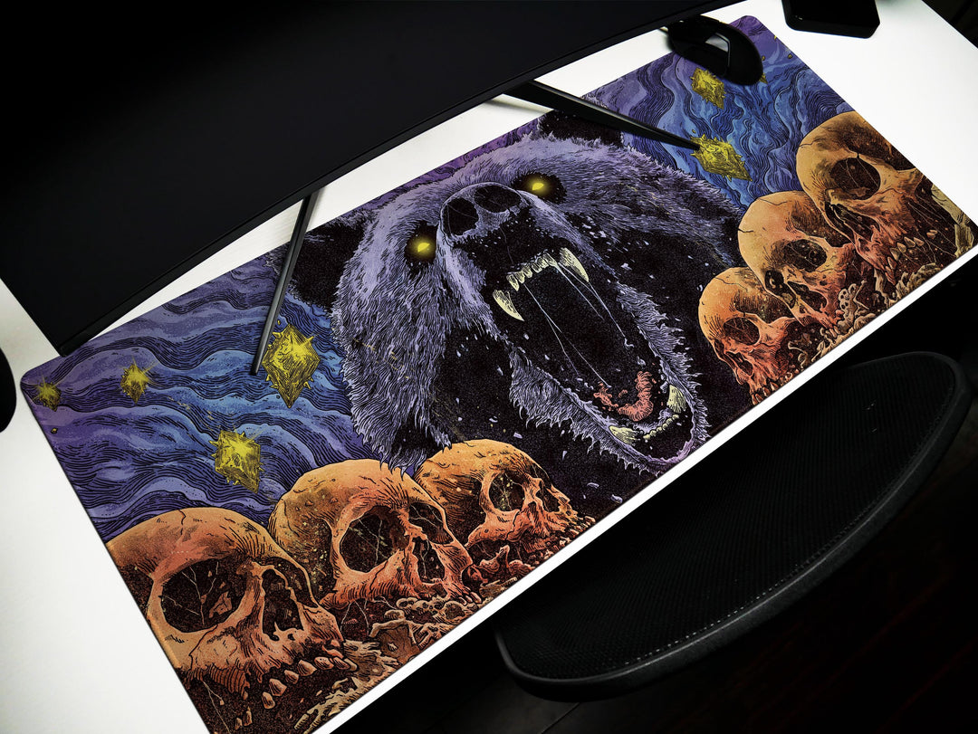 Cosmic Roar, Desk Pad, Mouse Pad, Desk Mat, Ferocious Bear, Glowing Eyes, Surreal Skulls, Dark Fantasy, Mythic Animal Art
