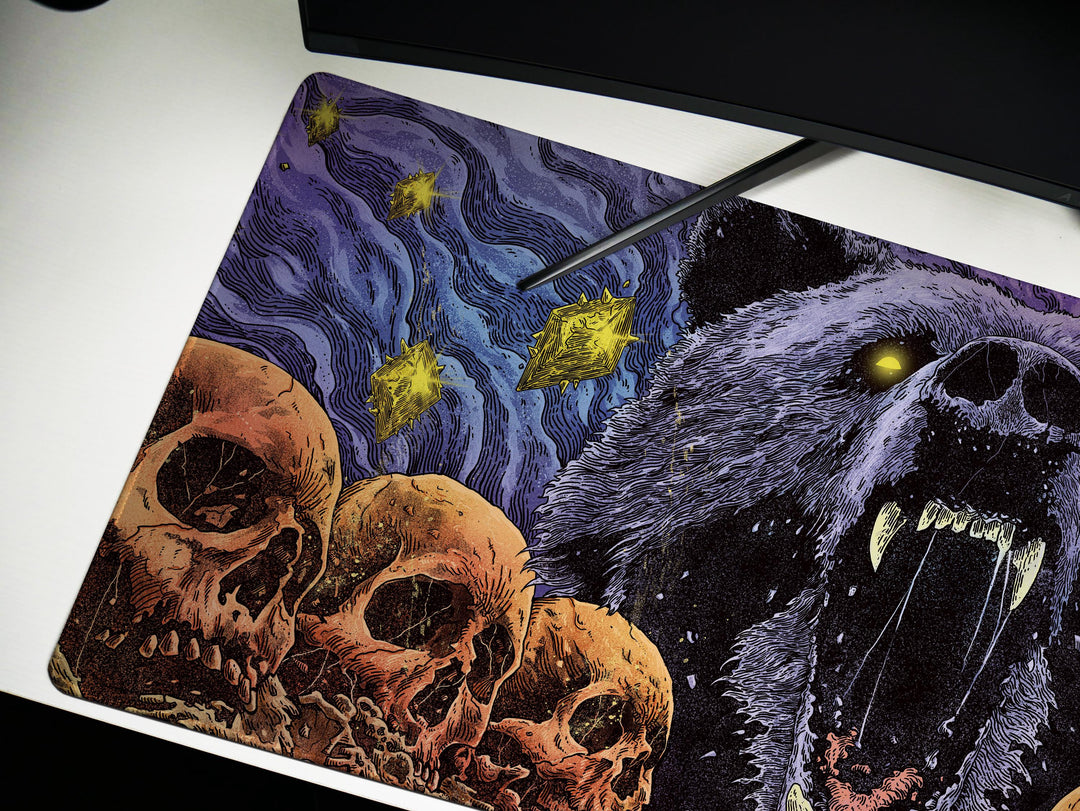 Cosmic Roar, Desk Pad, Mouse Pad, Desk Mat, Ferocious Bear, Glowing Eyes, Surreal Skulls, Dark Fantasy, Mythic Animal Art