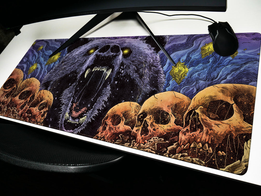 Cosmic Roar, Desk Pad, Mouse Pad, Desk Mat, Ferocious Bear, Glowing Eyes, Surreal Skulls, Dark Fantasy, Mythic Animal Art