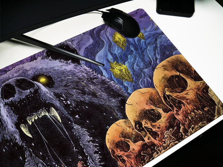 Cosmic Roar, Desk Pad, Mouse Pad, Desk Mat, Ferocious Bear, Glowing Eyes, Surreal Skulls, Dark Fantasy, Mythic Animal Art