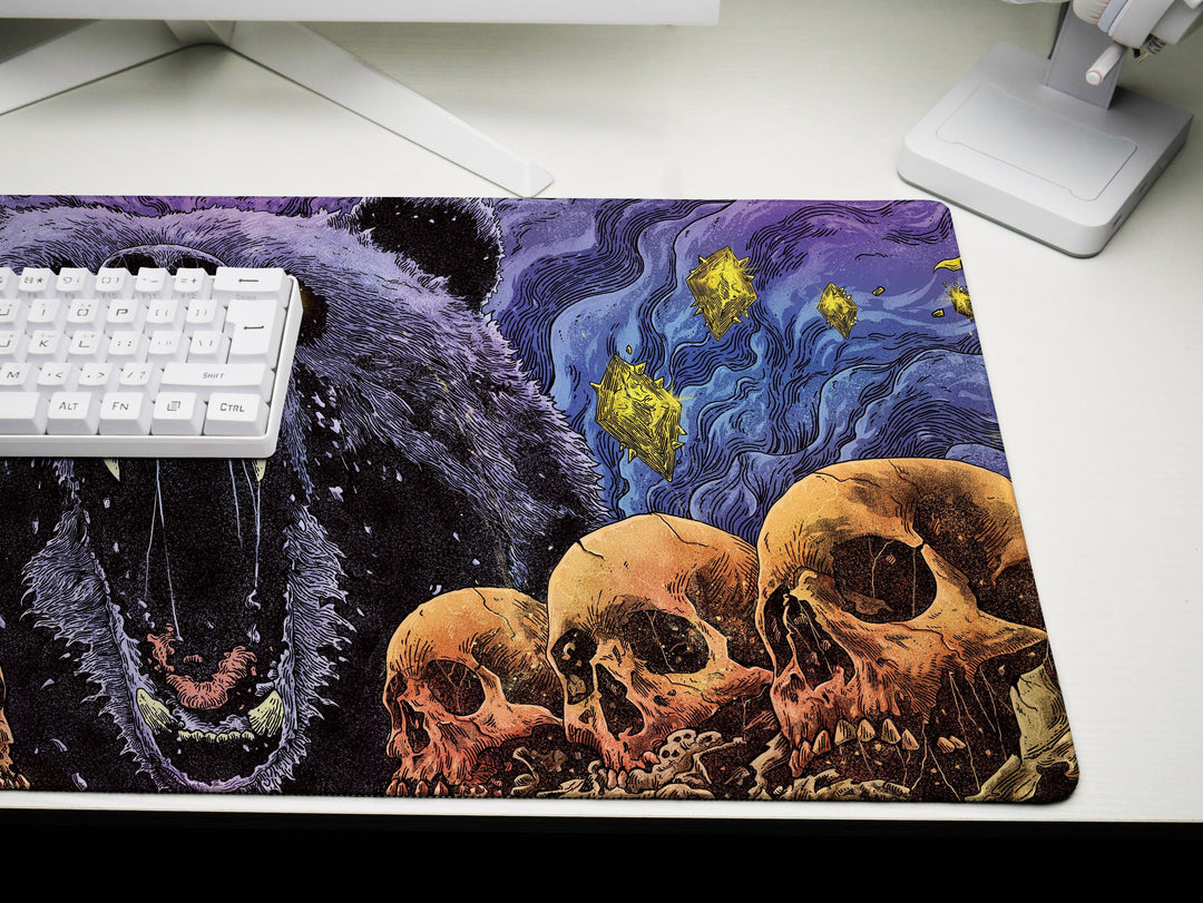 Cosmic Roar, Desk Pad, Mouse Pad, Desk Mat, Ferocious Bear, Glowing Eyes, Surreal Skulls, Dark Fantasy, Mythic Animal Art