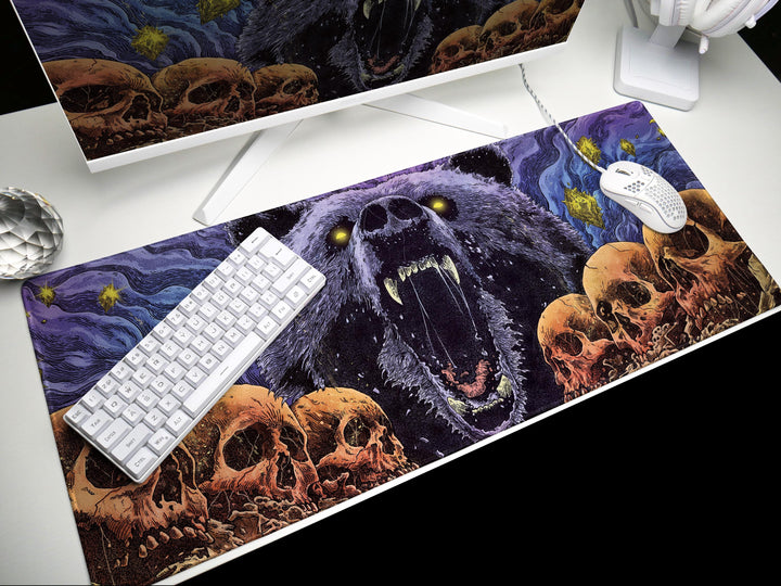 Cosmic Roar, Desk Pad, Mouse Pad, Desk Mat, Ferocious Bear, Glowing Eyes, Surreal Skulls, Dark Fantasy, Mythic Animal Art