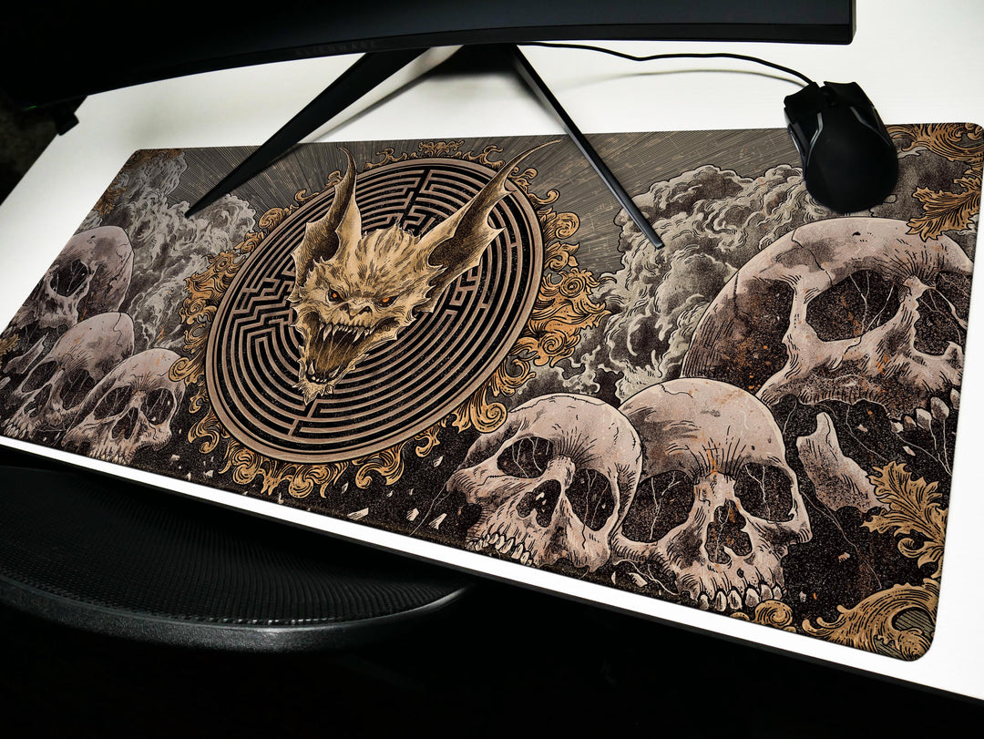Labyrinth Inferno, Desk Pad, Mouse Pad, Desk Mat, Demonic Skull Centerpiece, Gothic Skulls, Hellish Maze, Baroque Horror Aesthetic