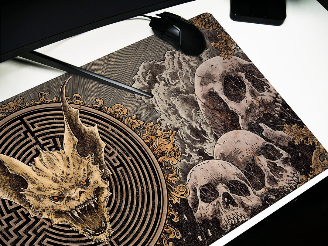 Labyrinth Inferno, Desk Pad, Mouse Pad, Desk Mat, Demonic Skull Centerpiece, Gothic Skulls, Hellish Maze, Baroque Horror Aesthetic