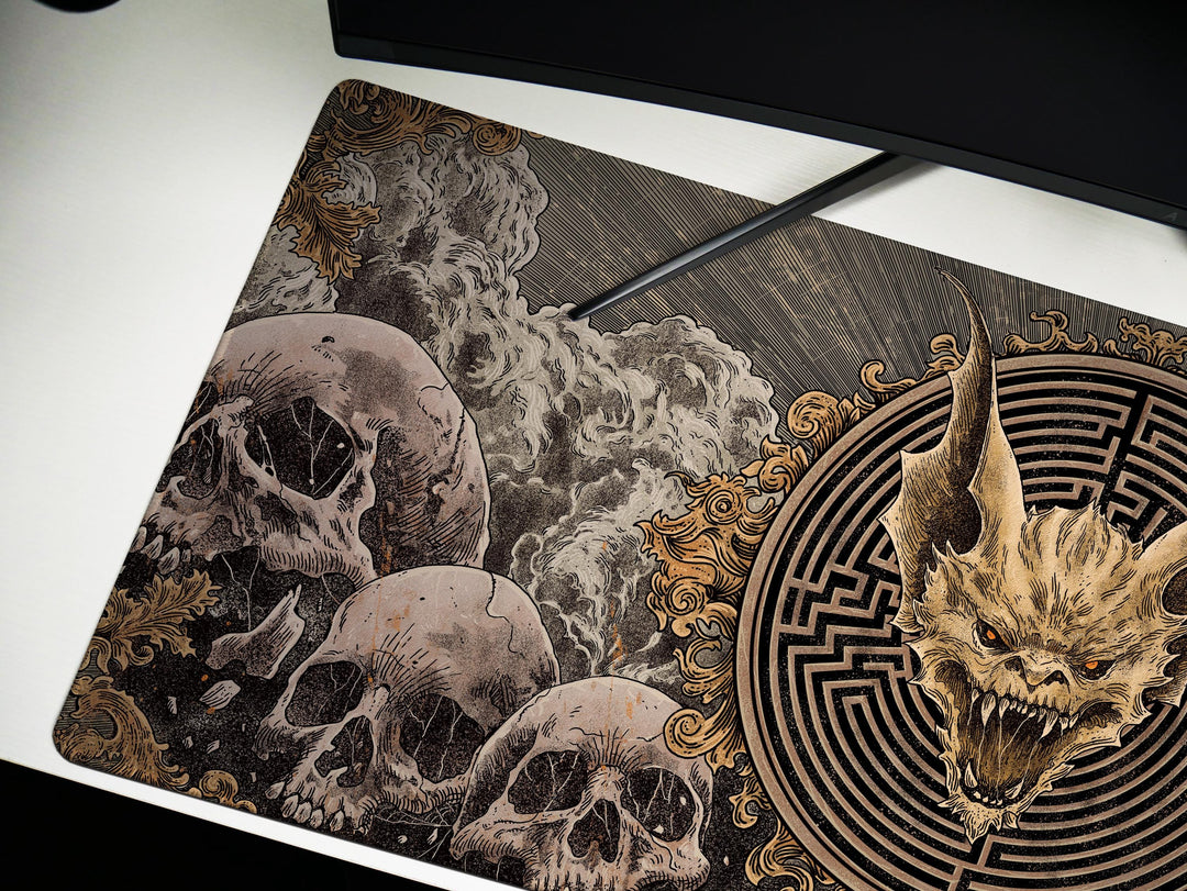 Labyrinth Inferno, Desk Pad, Mouse Pad, Desk Mat, Demonic Skull Centerpiece, Gothic Skulls, Hellish Maze, Baroque Horror Aesthetic