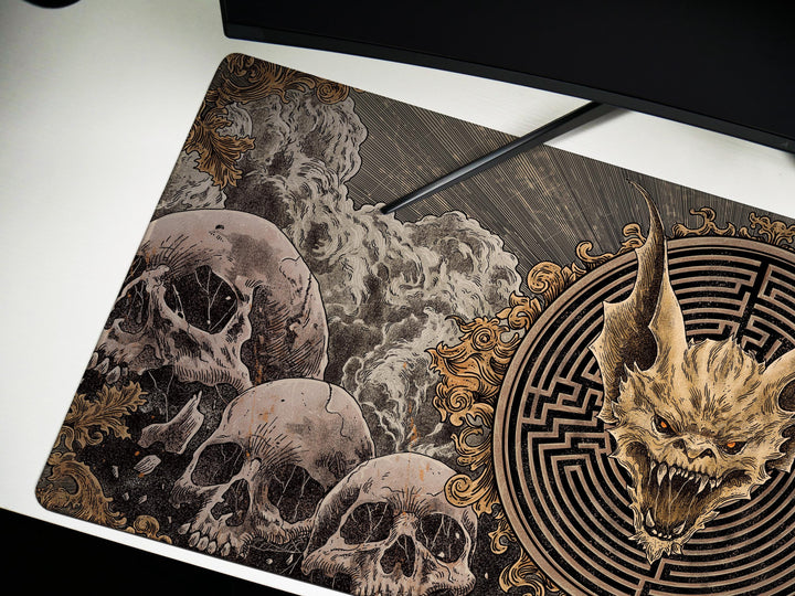 Labyrinth Inferno, Desk Pad, Mouse Pad, Desk Mat, Demonic Skull Centerpiece, Gothic Skulls, Hellish Maze, Baroque Horror Aesthetic