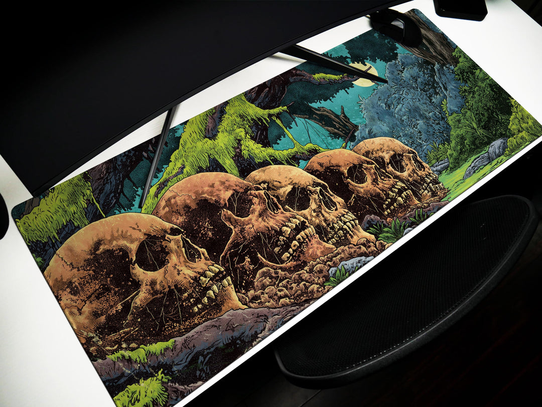 Eternal Rest, Desk Pad, Mouse Pad, Desk Mat, Overgrown Skulls, Haunted Jungle Scene, Dark Fantasy Forest, Nighttime Horror Ambience