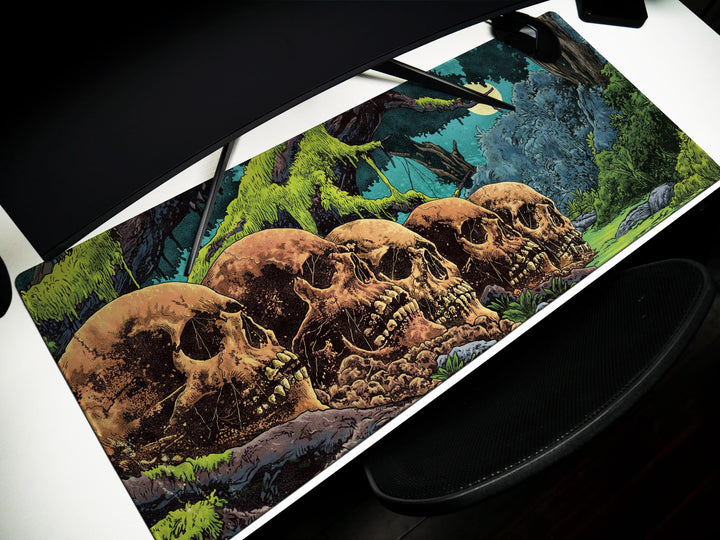 Eternal Rest, Desk Pad, Mouse Pad, Desk Mat, Overgrown Skulls, Haunted Jungle Scene, Dark Fantasy Forest, Nighttime Horror Ambience