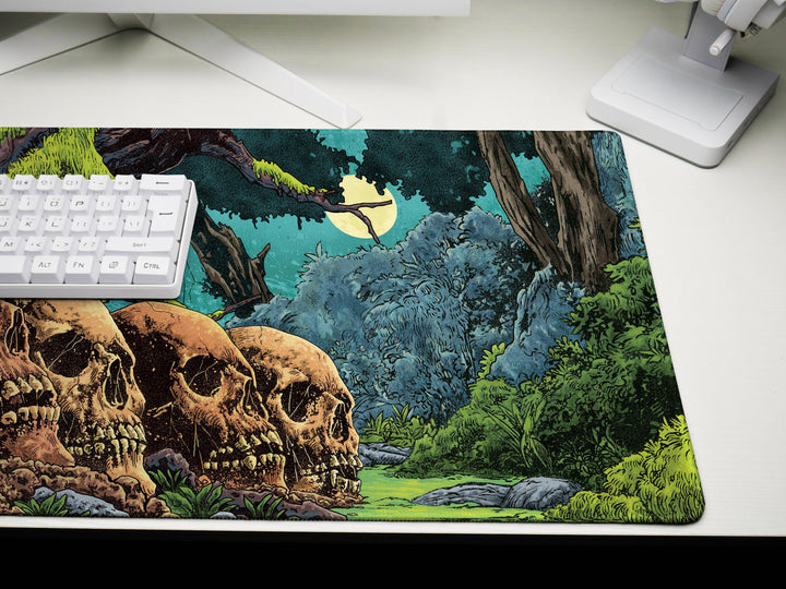 Eternal Rest, Desk Pad, Mouse Pad, Desk Mat, Overgrown Skulls, Haunted Jungle Scene, Dark Fantasy Forest, Nighttime Horror Ambience