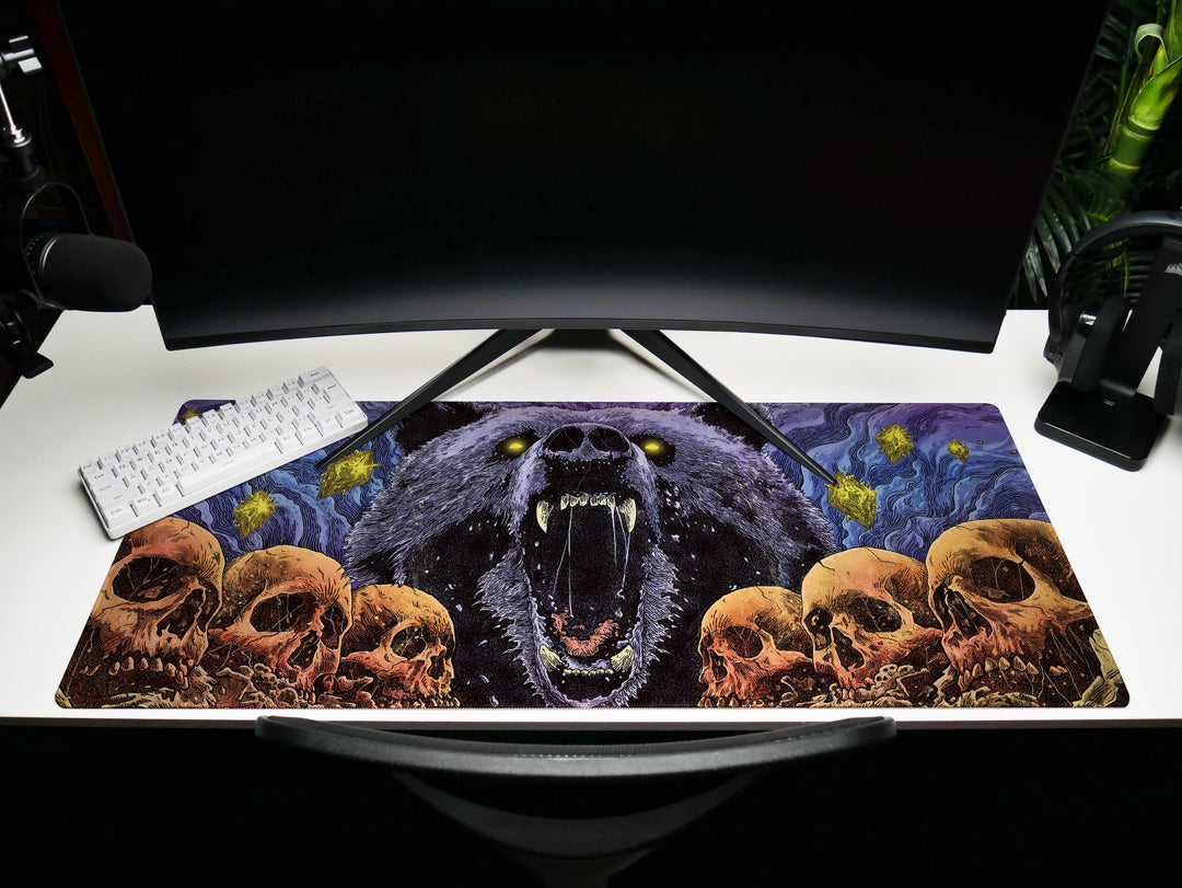 Cosmic Roar, Desk Pad, Mouse Pad, Desk Mat, Ferocious Bear, Glowing Eyes, Surreal Skulls, Dark Fantasy, Mythic Animal Art