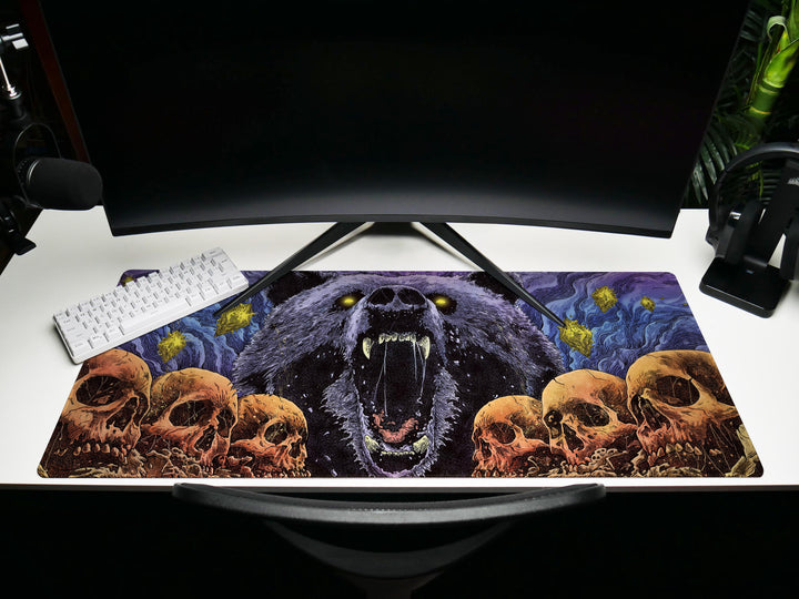 Cosmic Roar, Desk Pad, Mouse Pad, Desk Mat, Ferocious Bear, Glowing Eyes, Surreal Skulls, Dark Fantasy, Mythic Animal Art