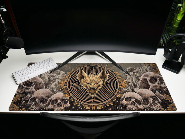 Labyrinth Inferno, Desk Pad, Mouse Pad, Desk Mat, Demonic Skull Centerpiece, Gothic Skulls, Hellish Maze, Baroque Horror Aesthetic