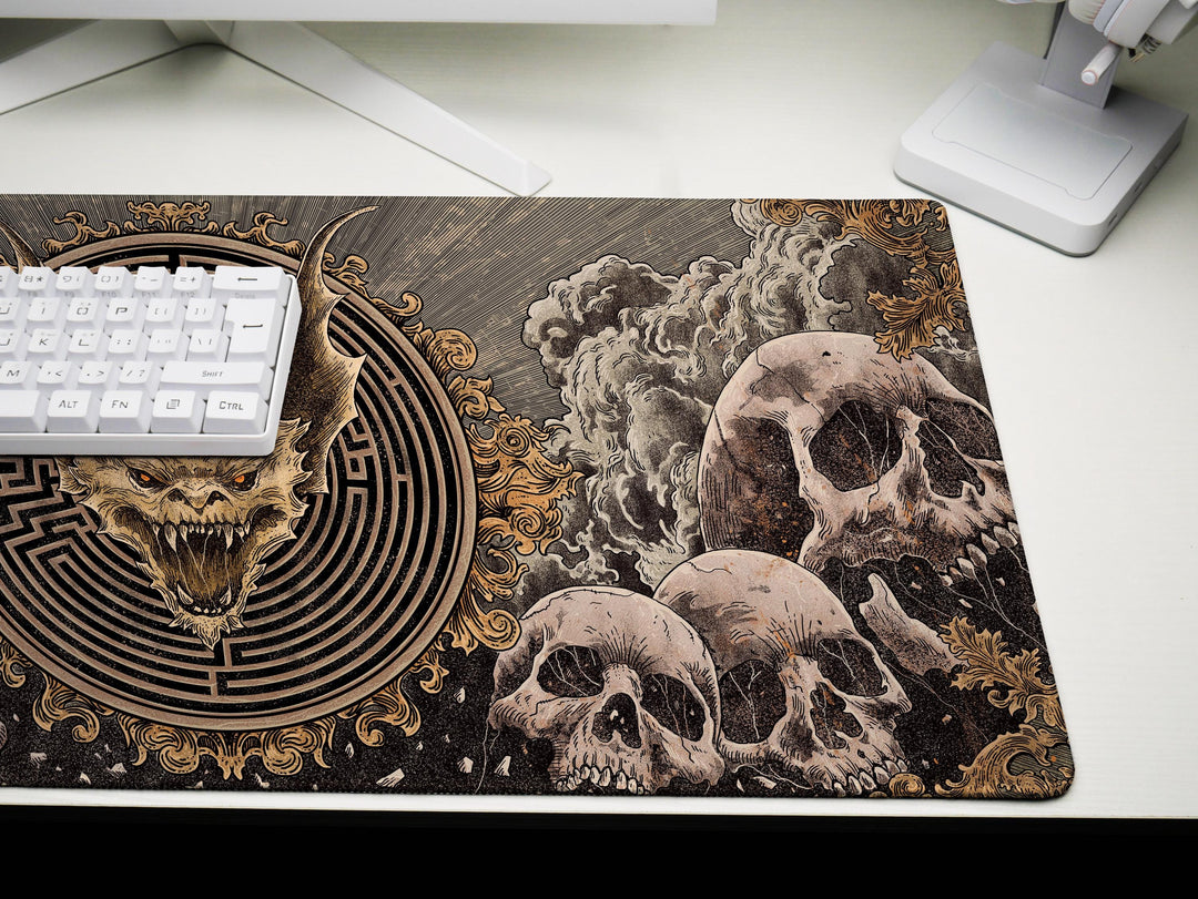 Labyrinth Inferno, Desk Pad, Mouse Pad, Desk Mat, Demonic Skull Centerpiece, Gothic Skulls, Hellish Maze, Baroque Horror Aesthetic