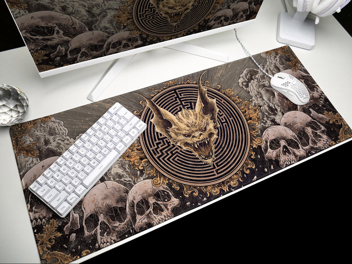 Labyrinth Inferno, Desk Pad, Mouse Pad, Desk Mat, Demonic Skull Centerpiece, Gothic Skulls, Hellish Maze, Baroque Horror Aesthetic