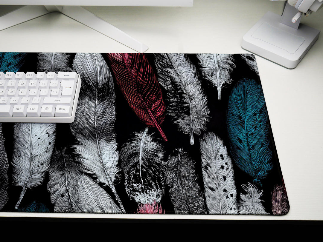 Whispered Plumage, Desk Pad, Mouse Pad, Desk Mat, Intricate Feather Pattern, Vintage Style, Boho Office, Soft Toned Illustration