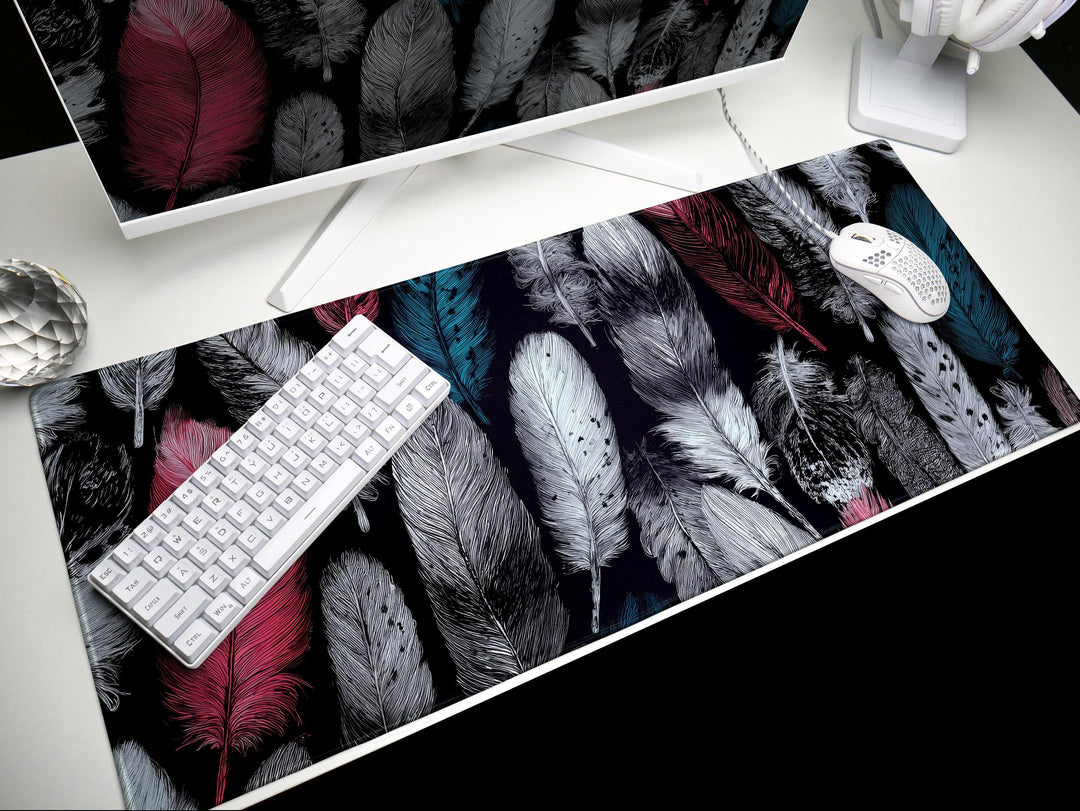 Whispered Plumage, Desk Pad, Mouse Pad, Desk Mat, Intricate Feather Pattern, Vintage Style, Boho Office, Soft Toned Illustration