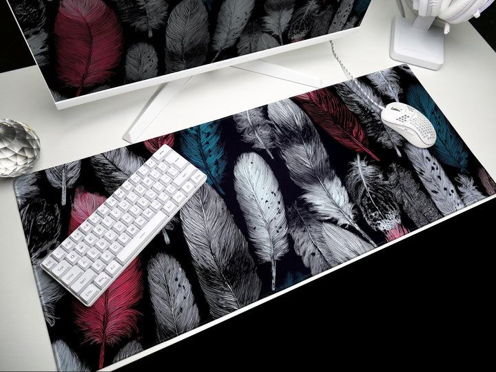 Whispered Plumage, Desk Pad, Mouse Pad, Desk Mat, Intricate Feather Pattern, Vintage Style, Boho Office, Soft Toned Illustration