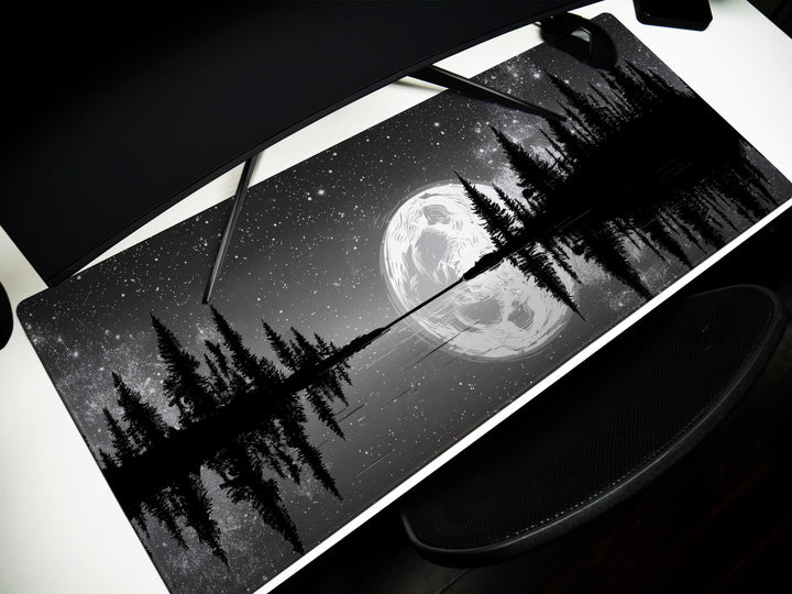 Silver Lake Midnight, Desk Pad, Mouse Pad, Desk Mat, Full Moon Reflection, Starry Sky, Tranquil Nature Scene