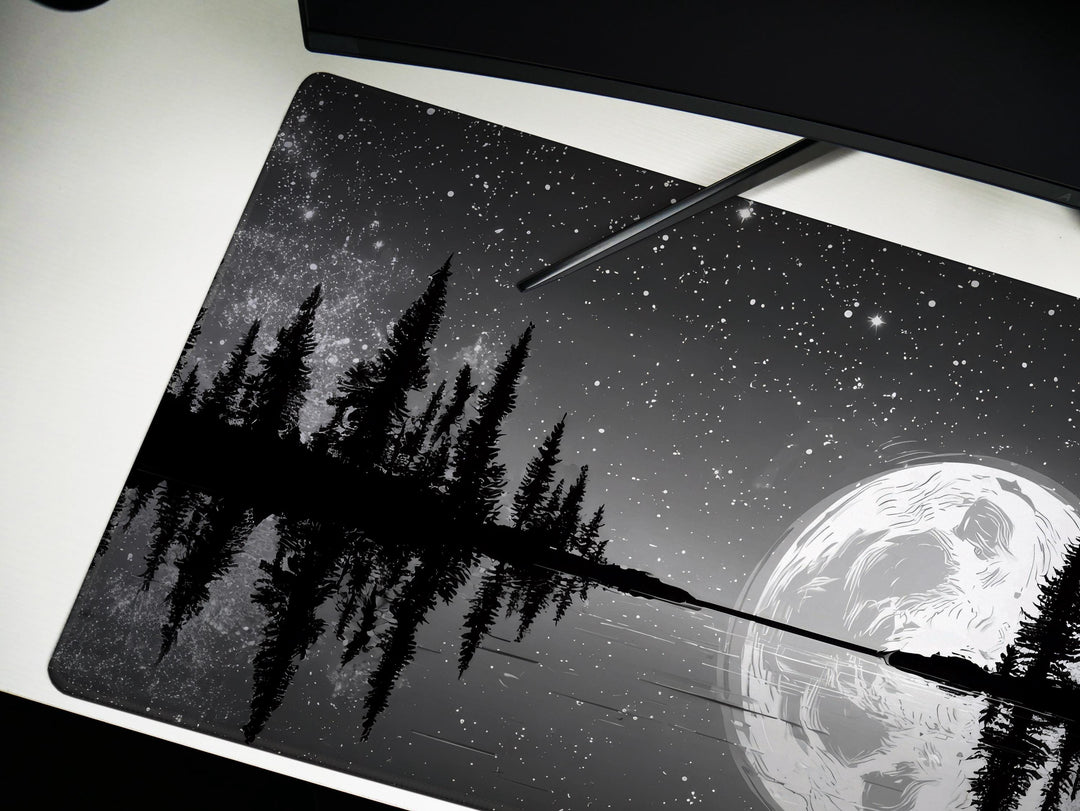 Silver Lake Midnight, Desk Pad, Mouse Pad, Desk Mat, Full Moon Reflection, Starry Sky, Tranquil Nature Scene