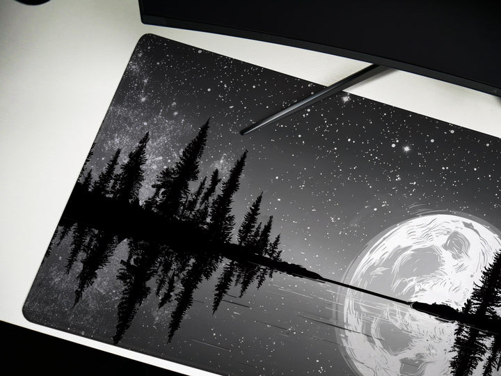 Silver Lake Midnight, Desk Pad, Mouse Pad, Desk Mat, Full Moon Reflection, Starry Sky, Tranquil Nature Scene