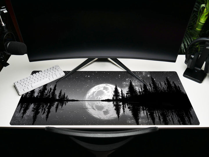Silver Lake Midnight, Desk Pad, Mouse Pad, Desk Mat, Full Moon Reflection, Starry Sky, Tranquil Nature Scene
