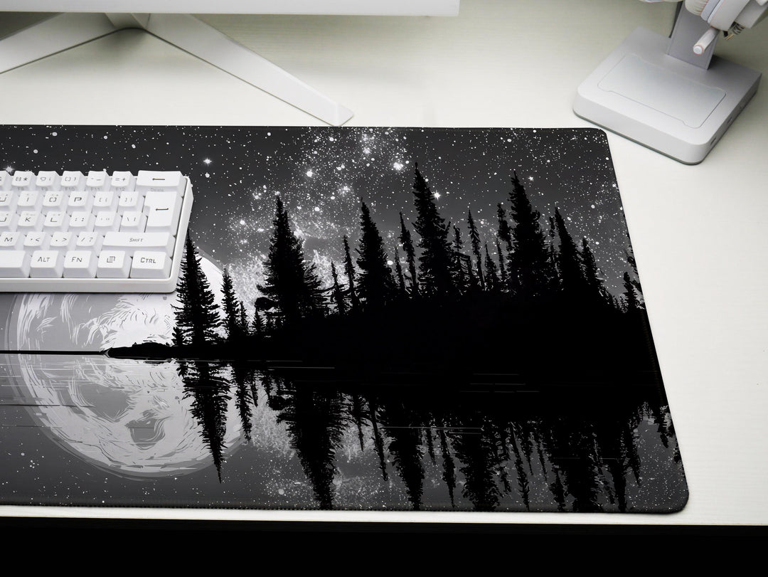 Silver Lake Midnight, Desk Pad, Mouse Pad, Desk Mat, Full Moon Reflection, Starry Sky, Tranquil Nature Scene