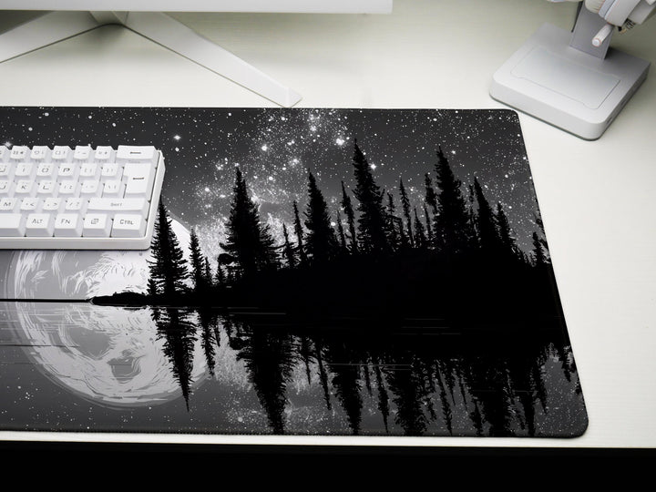 Silver Lake Midnight, Desk Pad, Mouse Pad, Desk Mat, Full Moon Reflection, Starry Sky, Tranquil Nature Scene
