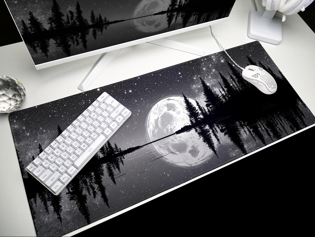 Silver Lake Midnight, Desk Pad, Mouse Pad, Desk Mat, Full Moon Reflection, Starry Sky, Tranquil Nature Scene