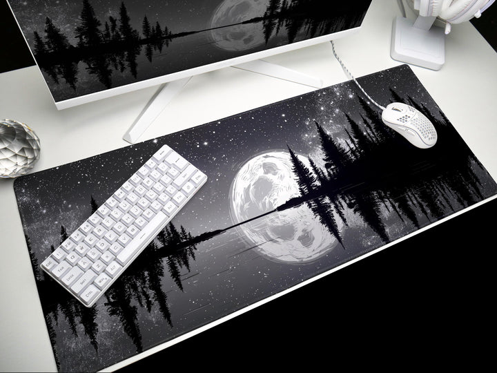 Silver Lake Midnight, Desk Pad, Mouse Pad, Desk Mat, Full Moon Reflection, Starry Sky, Tranquil Nature Scene