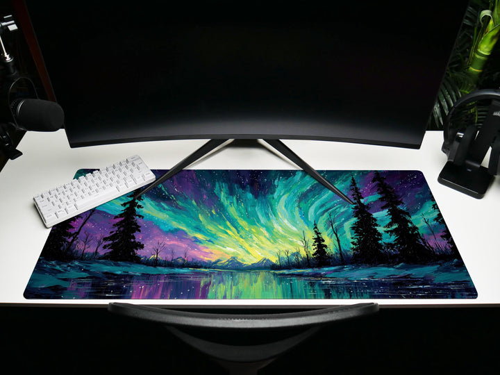 Aurora Skypaint, Desk Pad, Mouse Pad, Desk Mat, Northern Lights Scene, Arctic Forest, Vivid Night Sky, Colorful Wilderness