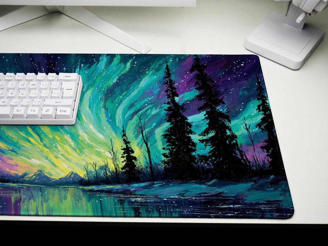 Aurora Skypaint, Desk Pad, Mouse Pad, Desk Mat, Northern Lights Scene, Arctic Forest, Vivid Night Sky, Colorful Wilderness