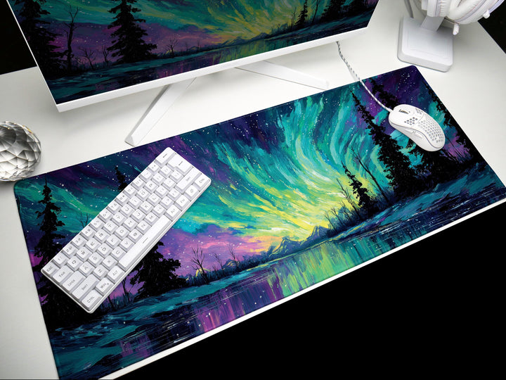 Aurora Skypaint, Desk Pad, Mouse Pad, Desk Mat, Northern Lights Scene, Arctic Forest, Vivid Night Sky, Colorful Wilderness