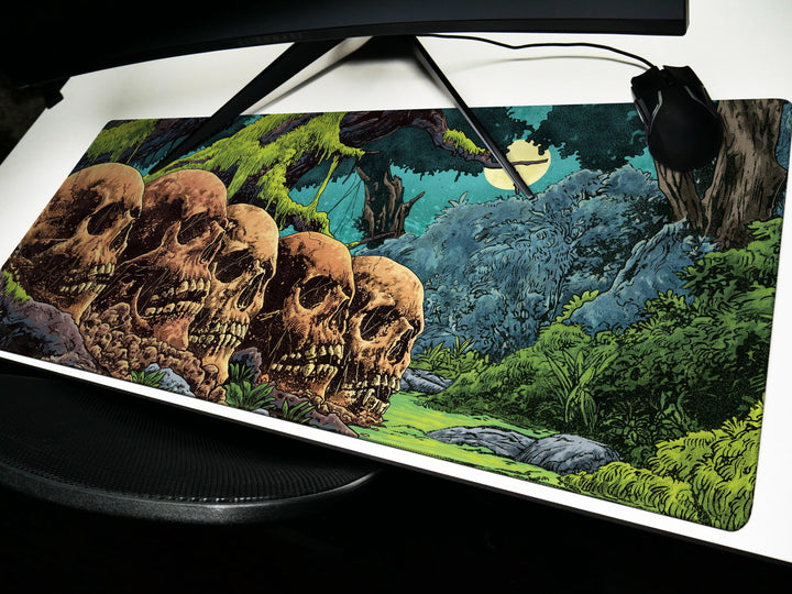 Eternal Rest, Desk Pad, Mouse Pad, Desk Mat, Overgrown Skulls, Haunted Jungle Scene, Dark Fantasy Forest, Nighttime Horror Ambience