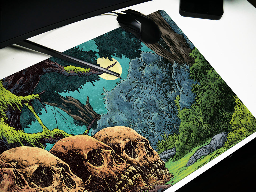 Eternal Rest, Desk Pad, Mouse Pad, Desk Mat, Overgrown Skulls, Haunted Jungle Scene, Dark Fantasy Forest, Nighttime Horror Ambience