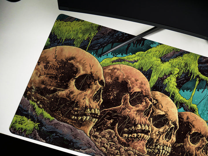 Eternal Rest, Desk Pad, Mouse Pad, Desk Mat, Overgrown Skulls, Haunted Jungle Scene, Dark Fantasy Forest, Nighttime Horror Ambience
