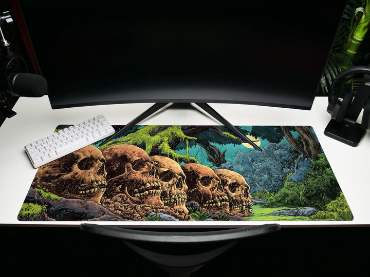 Eternal Rest, Desk Pad, Mouse Pad, Desk Mat, Overgrown Skulls, Haunted Jungle Scene, Dark Fantasy Forest, Nighttime Horror Ambience