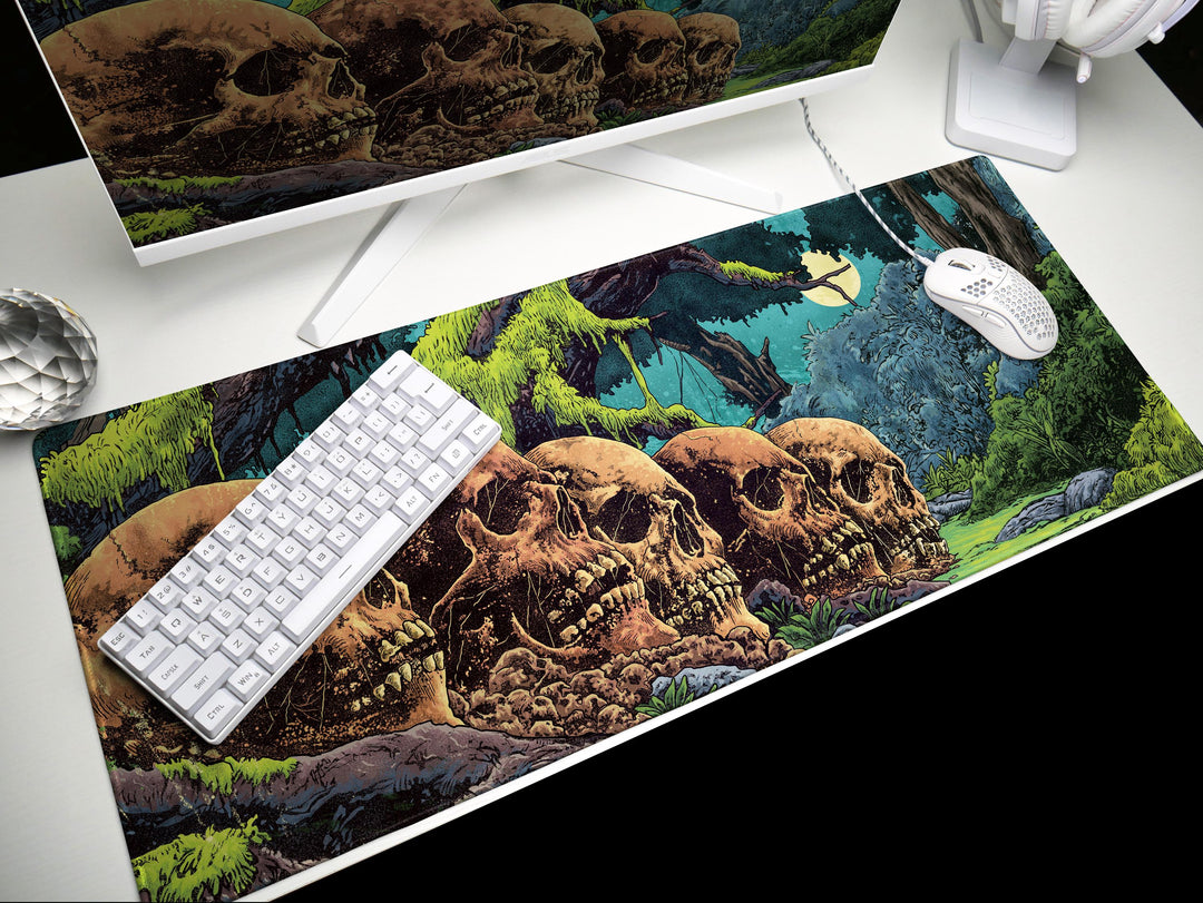 Eternal Rest, Desk Pad, Mouse Pad, Desk Mat, Overgrown Skulls, Haunted Jungle Scene, Dark Fantasy Forest, Nighttime Horror Ambience